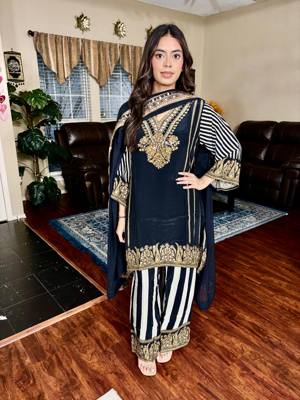 Black Striped Sequin Leather Work Suit