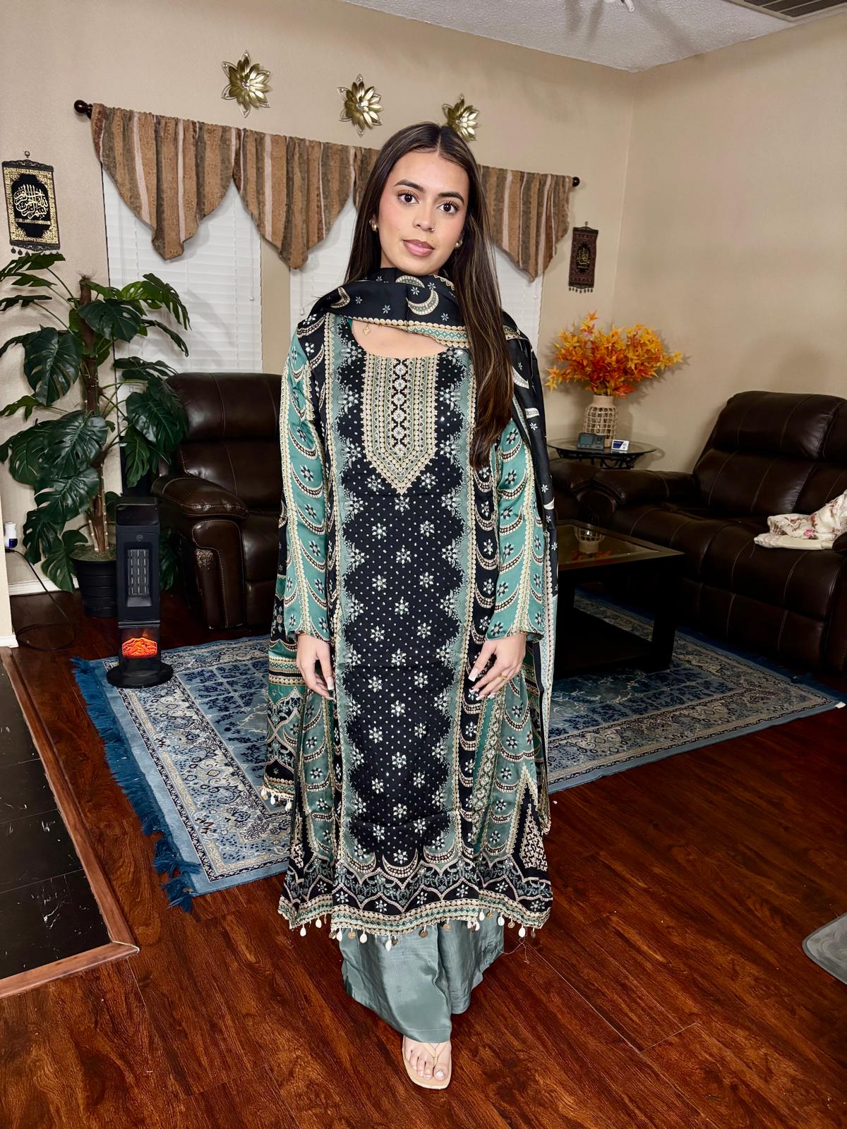 Black & Sage Ethnic Print A-Line Suit
