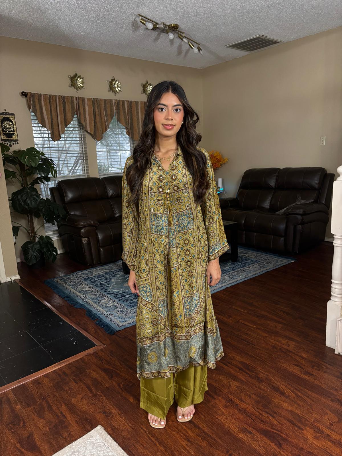 Mehendi Green Ajrakh Mirror Work Co-Ord Set