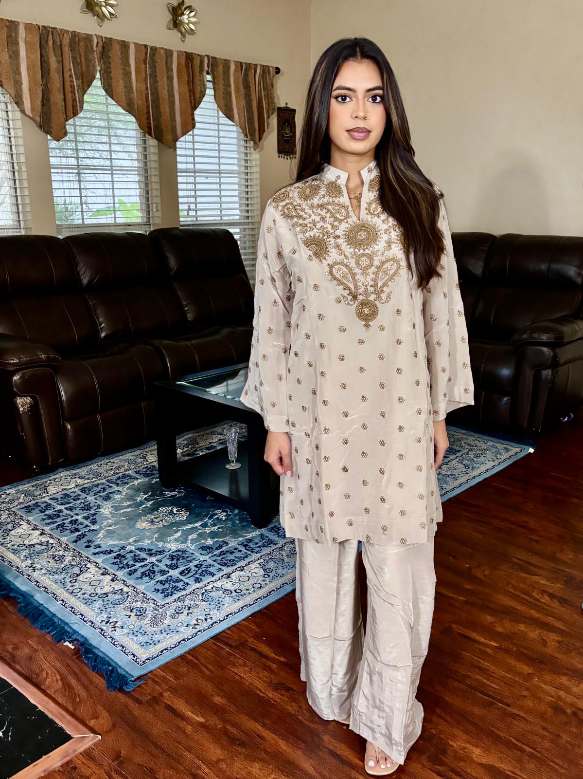 Ivory Sequin Embroidered Plazzo Suit