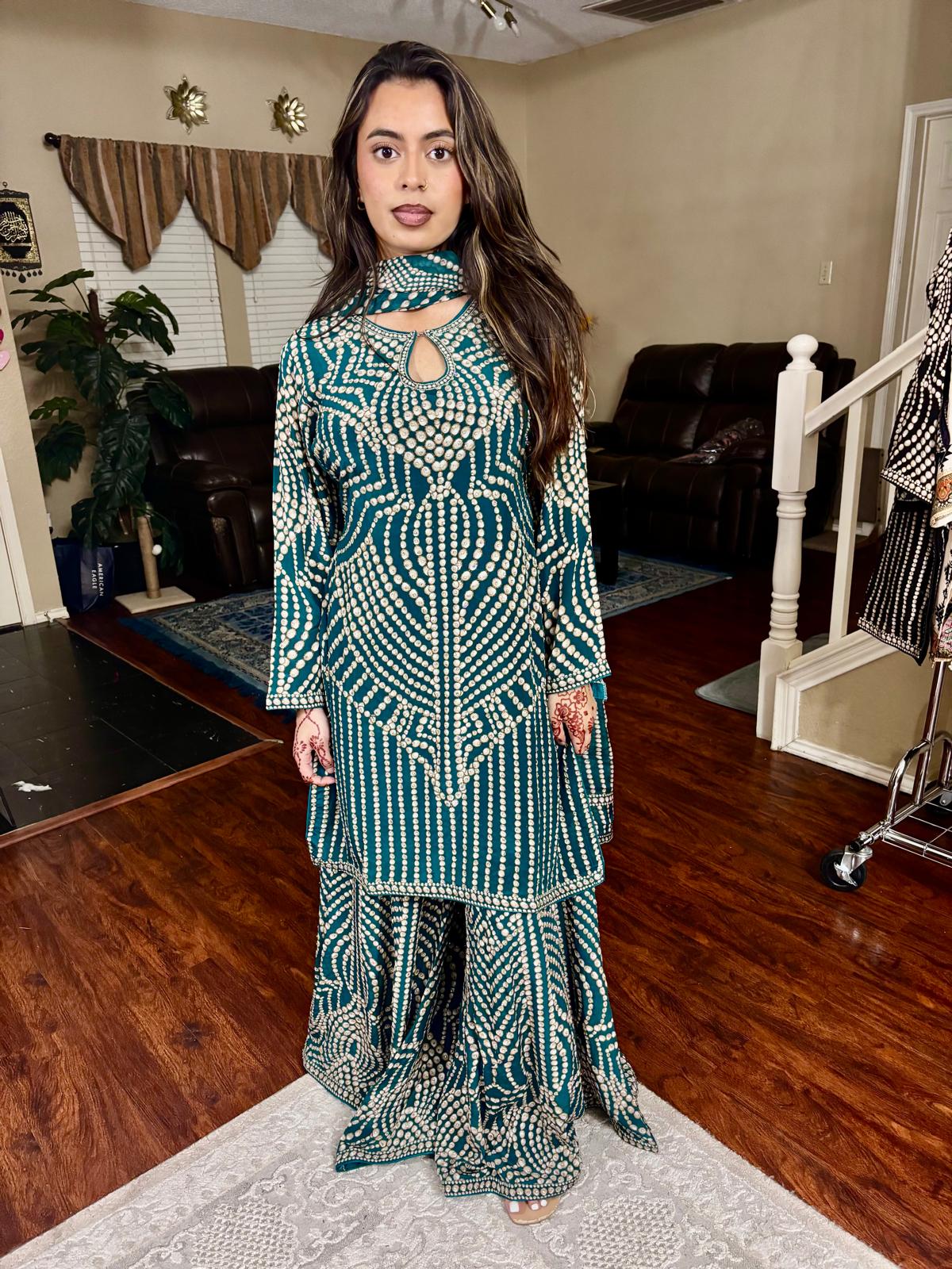 Teal & Ivory Embellished Sharara Set