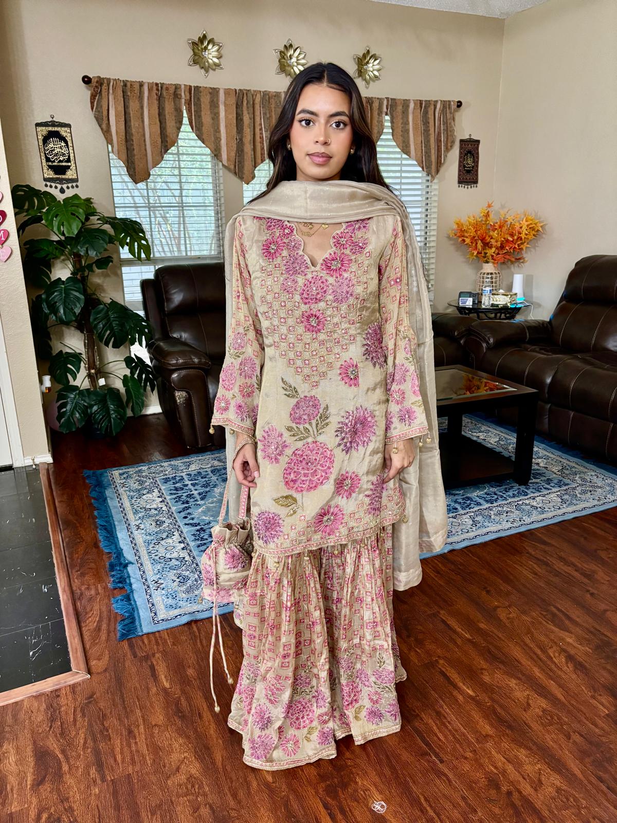 Beige Floral Print Gota Doria Sharara Set