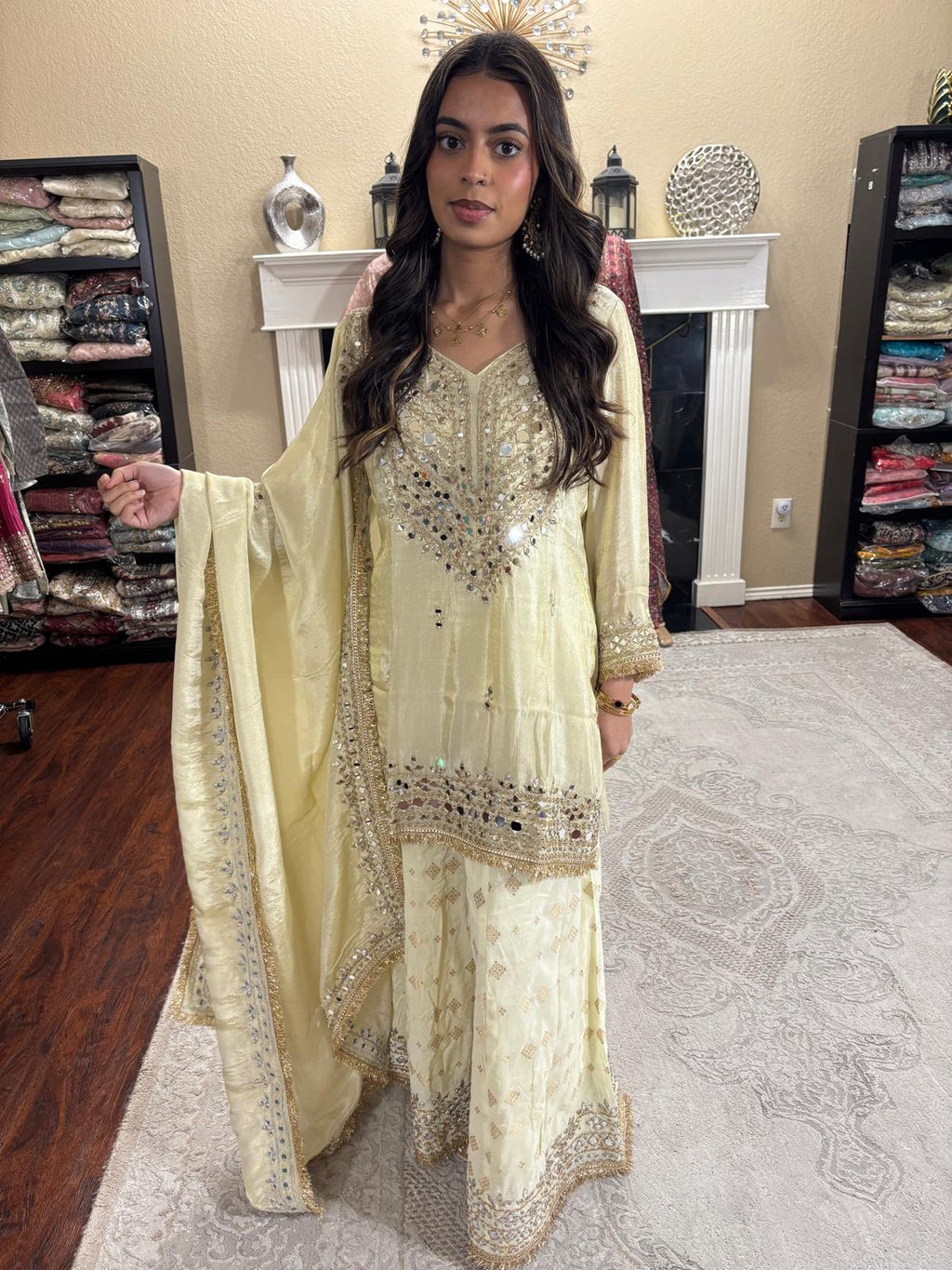 Pistachio Gold Mirror Embellished Sharara Set