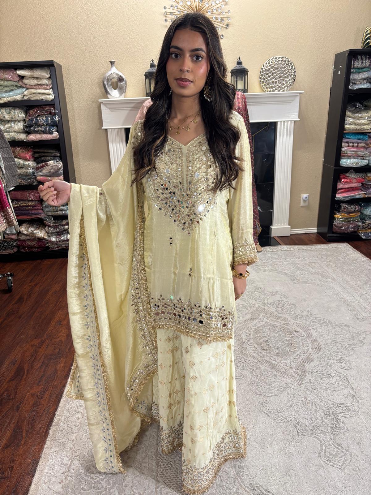 Pistachio Gold Mirror Embellished Sharara Set
