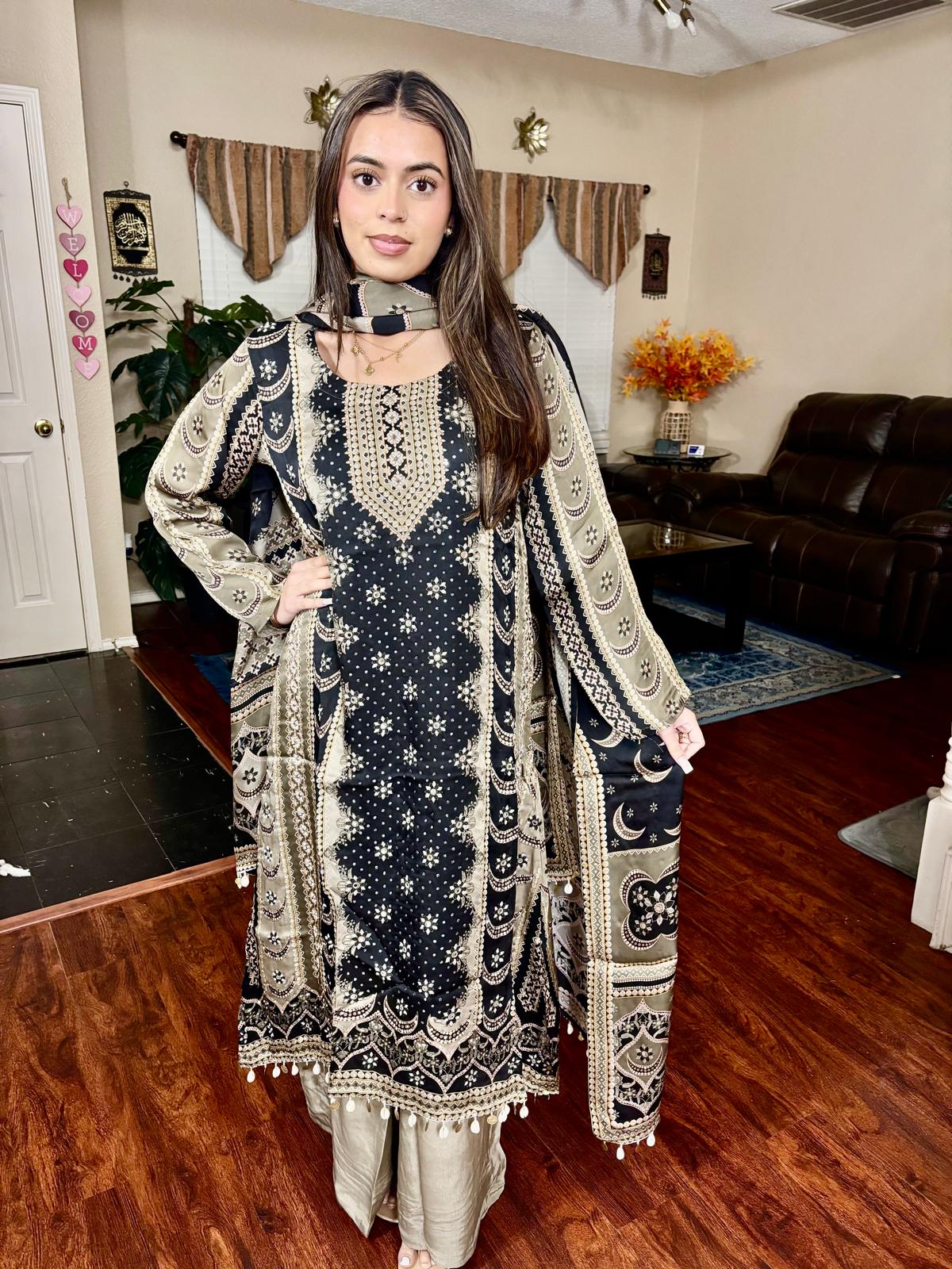 Black & Beige Ethnic Print A-Line Suit