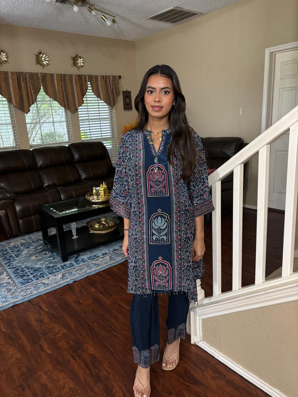 Navy Floral Print Straight Pant Co-Ord Set