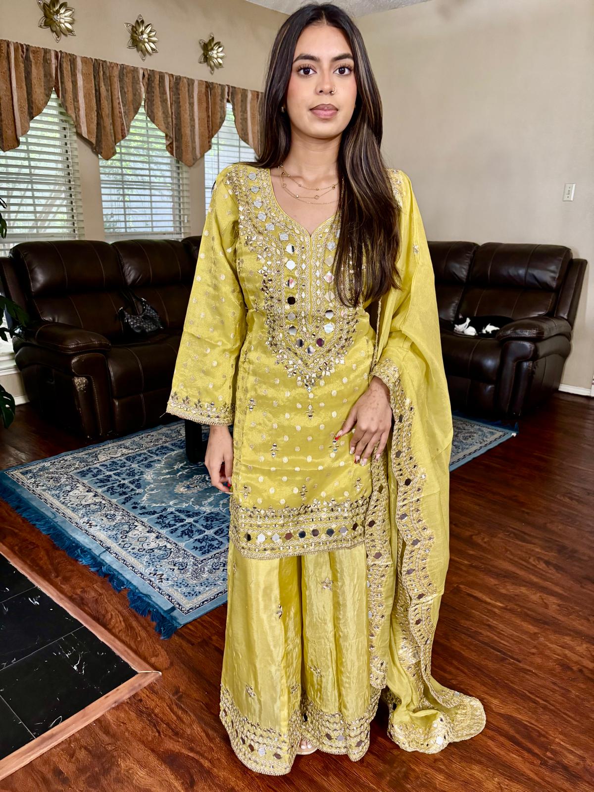 Chartreuse Mirror Embellished Sharara Set