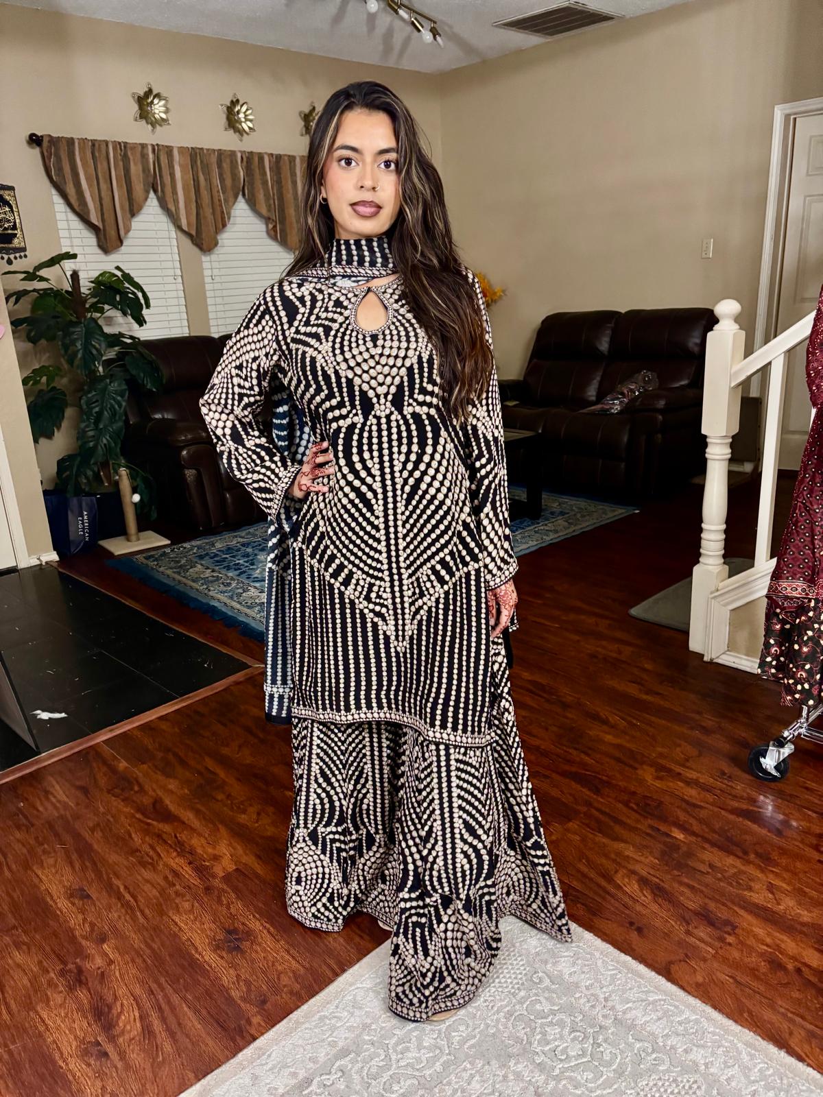 Black & Ivory Embellished Sharara Set
