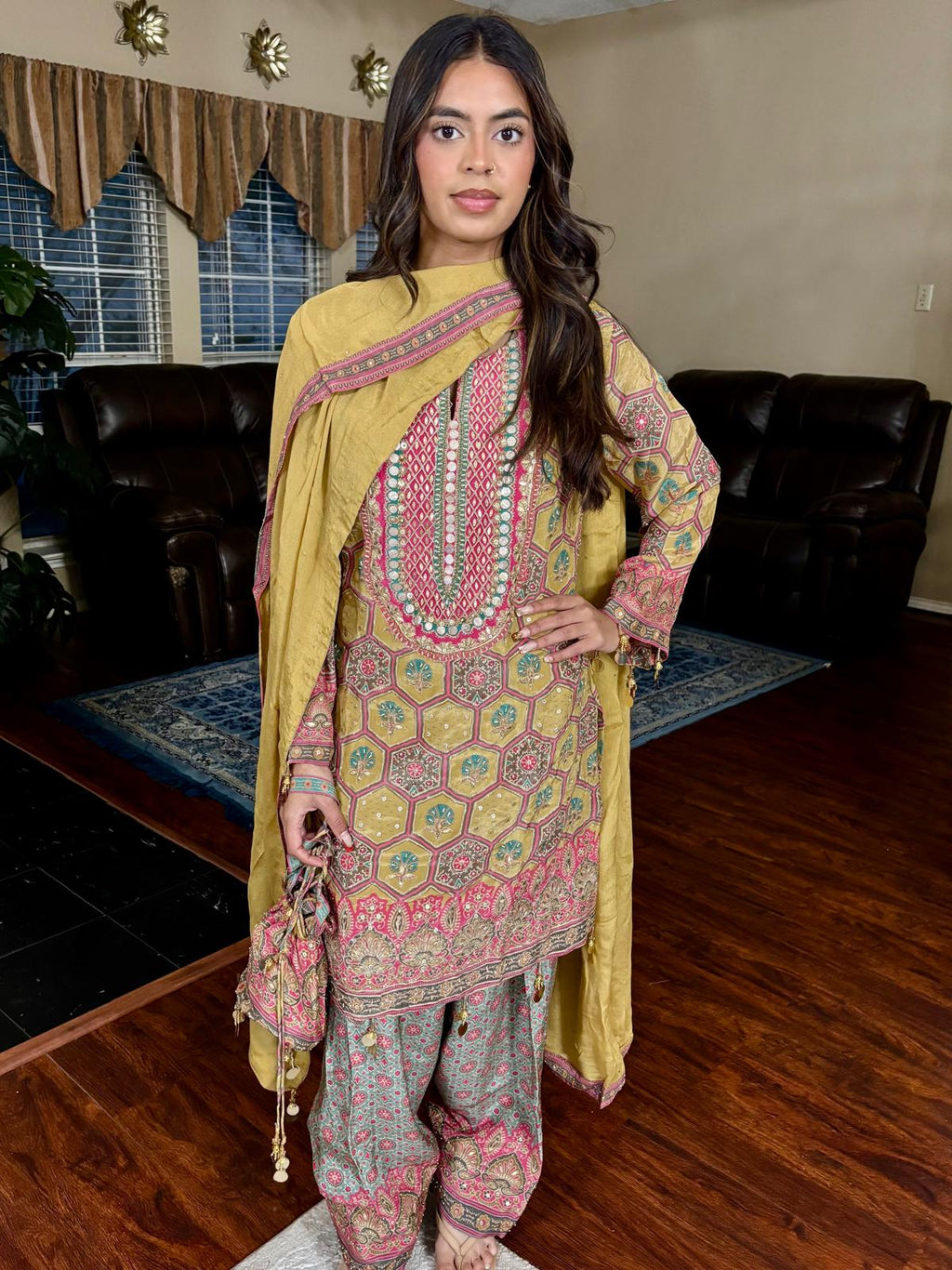 Mustard & Pink Geometric Print Salwar Suit