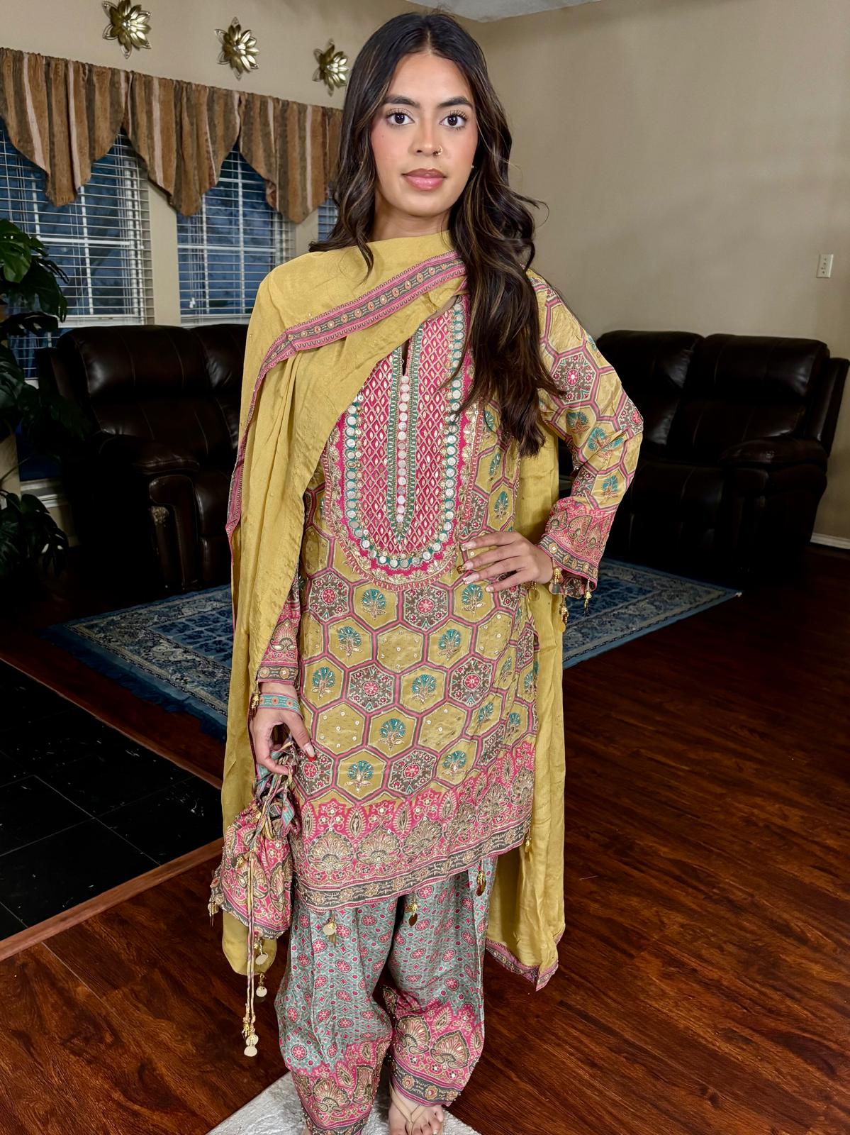 Mustard & Pink Geometric Print Salwar Suit