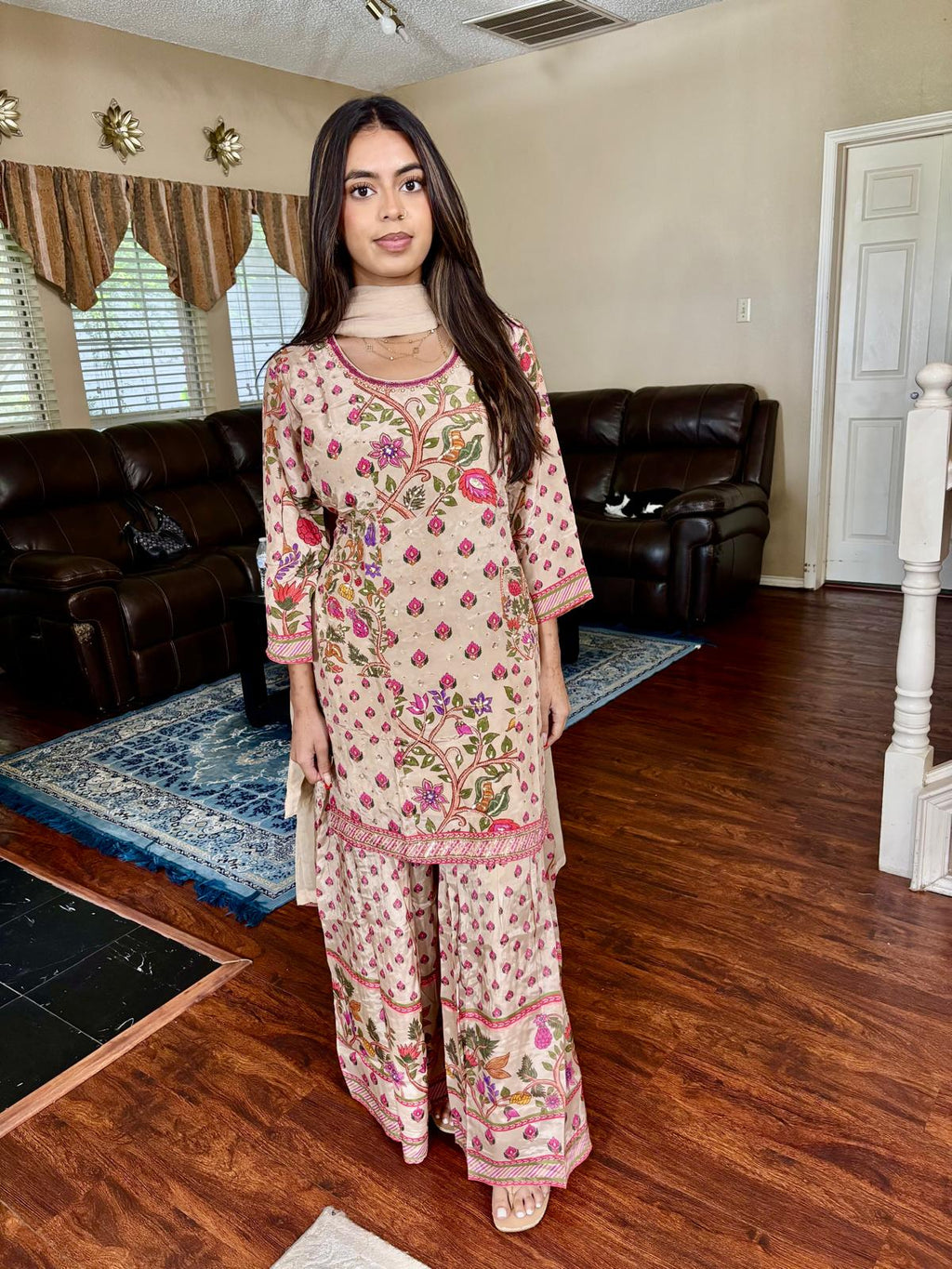 Beige Floral Print Cardana Sharara Suit