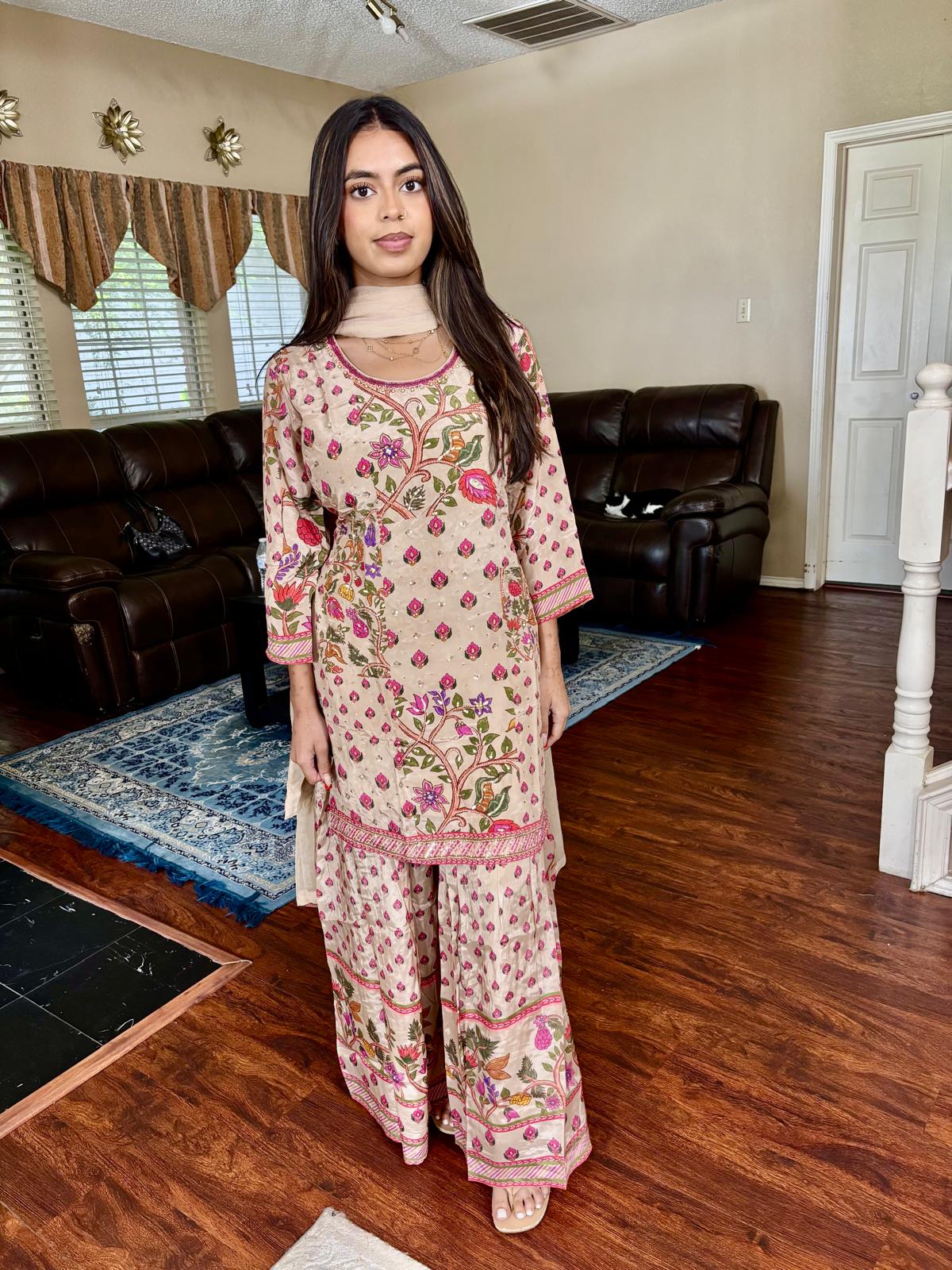 Beige Floral Print Cardana Sharara Suit