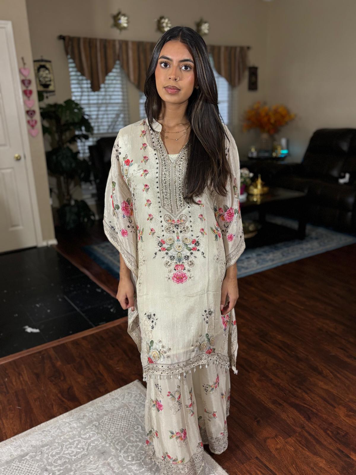 Ivory Floral Kaftan Sharara Set