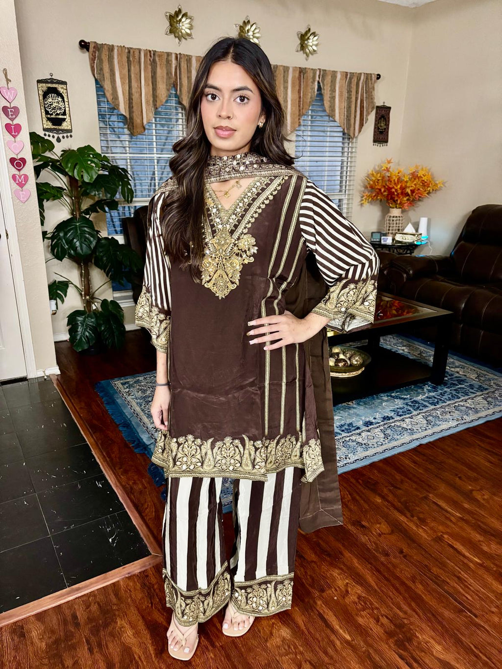 Espresso Striped Sequin Leather Work Suit