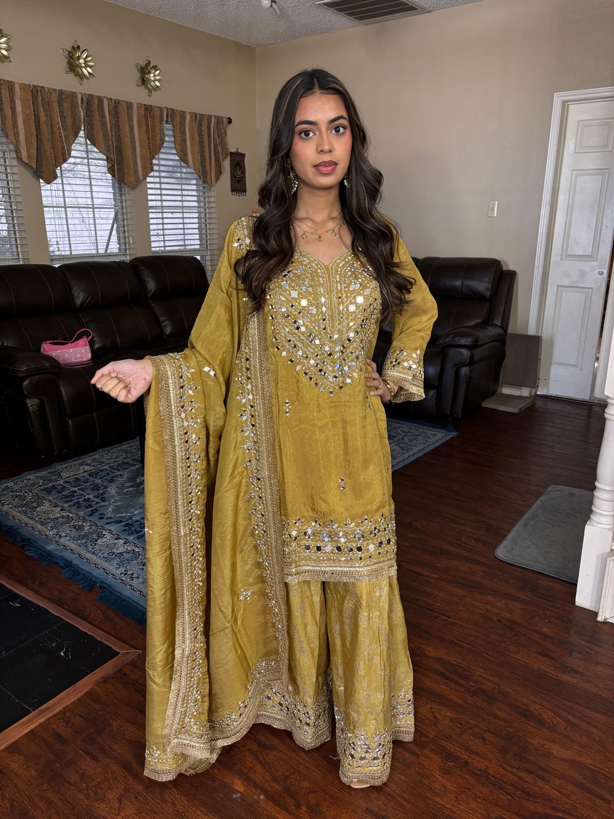 Olive Gold Mirror Embellished Sharara Set