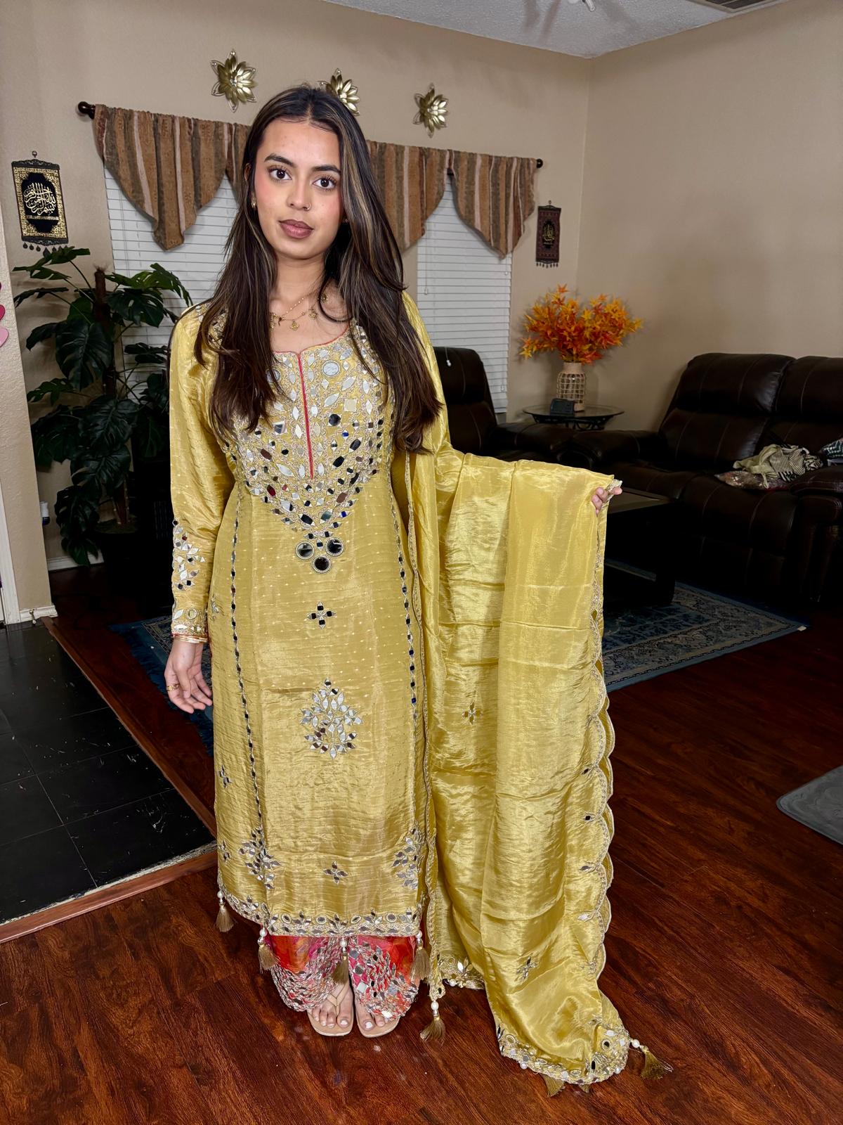 Golden Yellow Mirror Embellished Suit