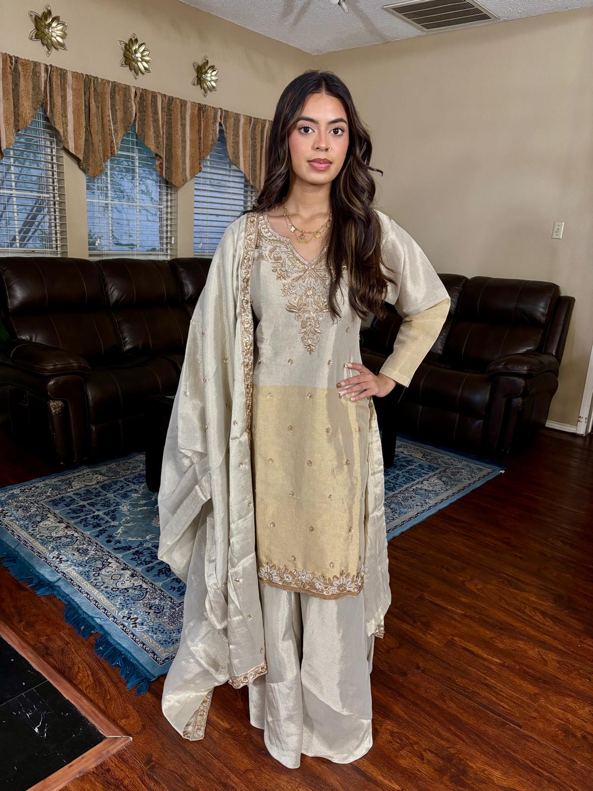 Ivory Gold Embellished Sharara Set