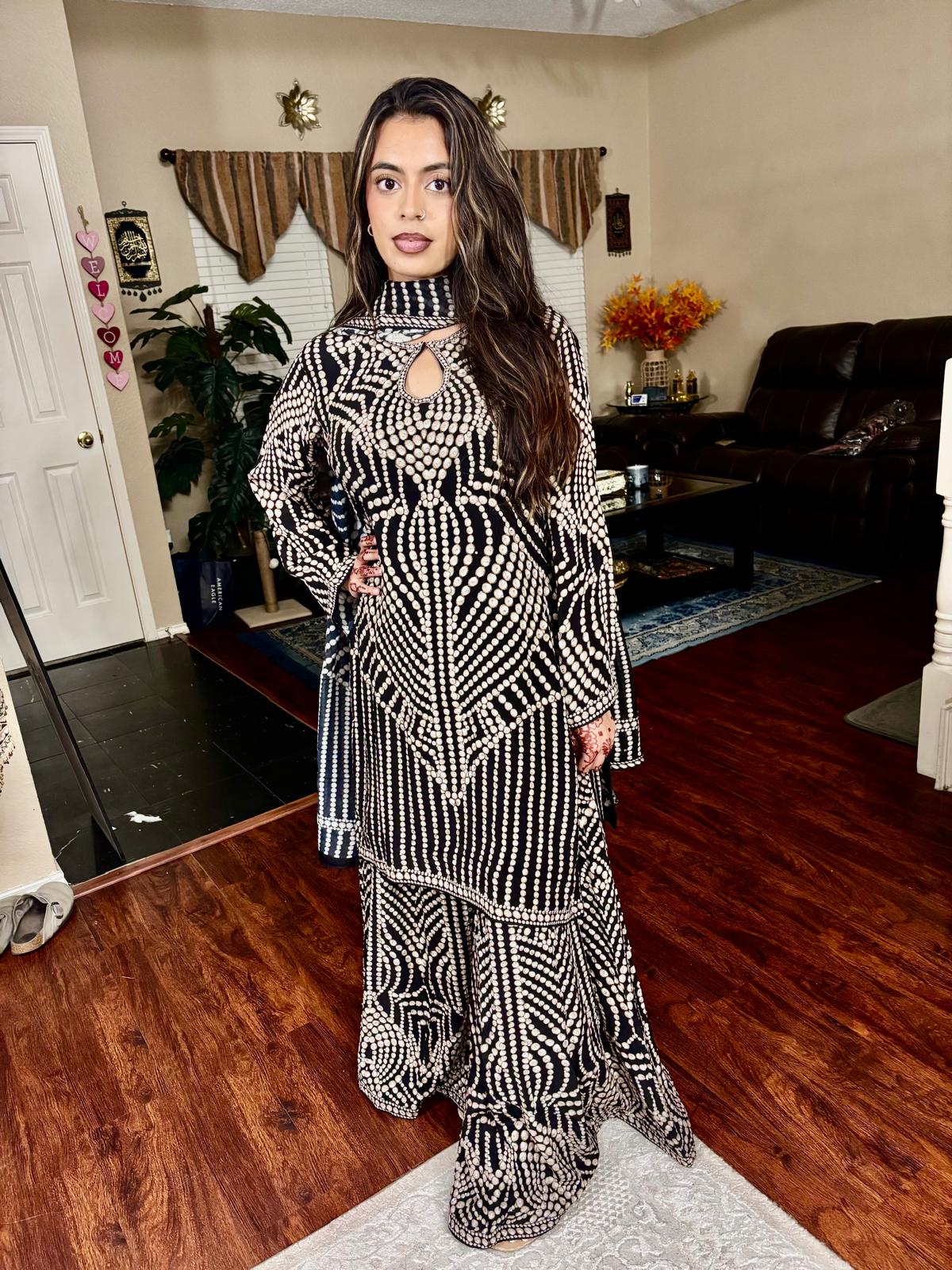 Black & Ivory Embellished Sharara Set