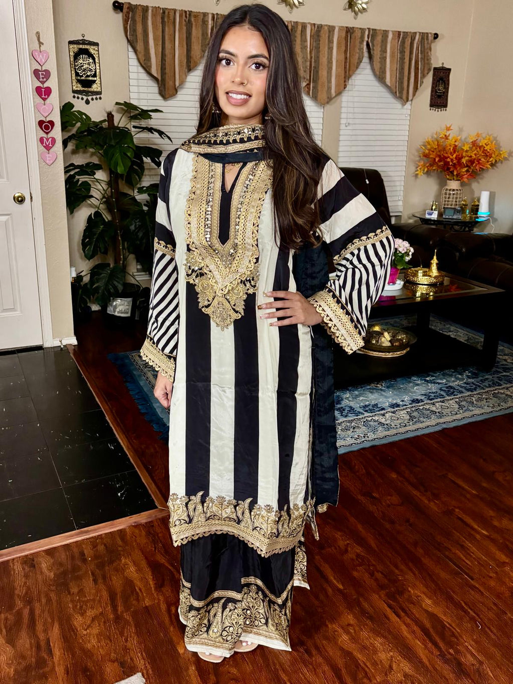 Black & Ivory Striped Embroidered Suit
