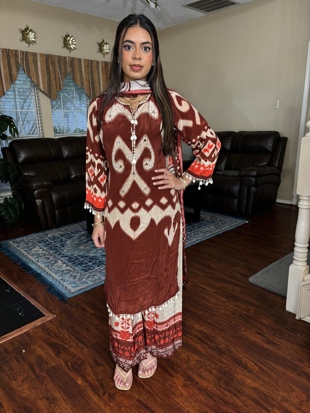 Rust Ikat Print Embroidered Plazzo Suit