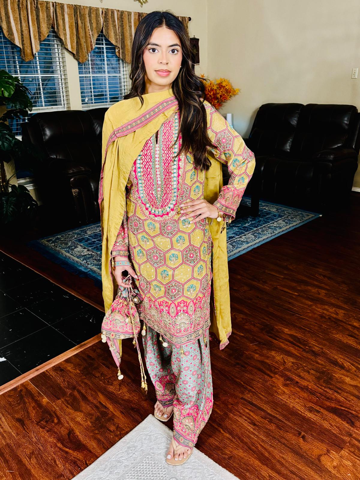 Mustard & Pink Geometric Print Salwar Suit