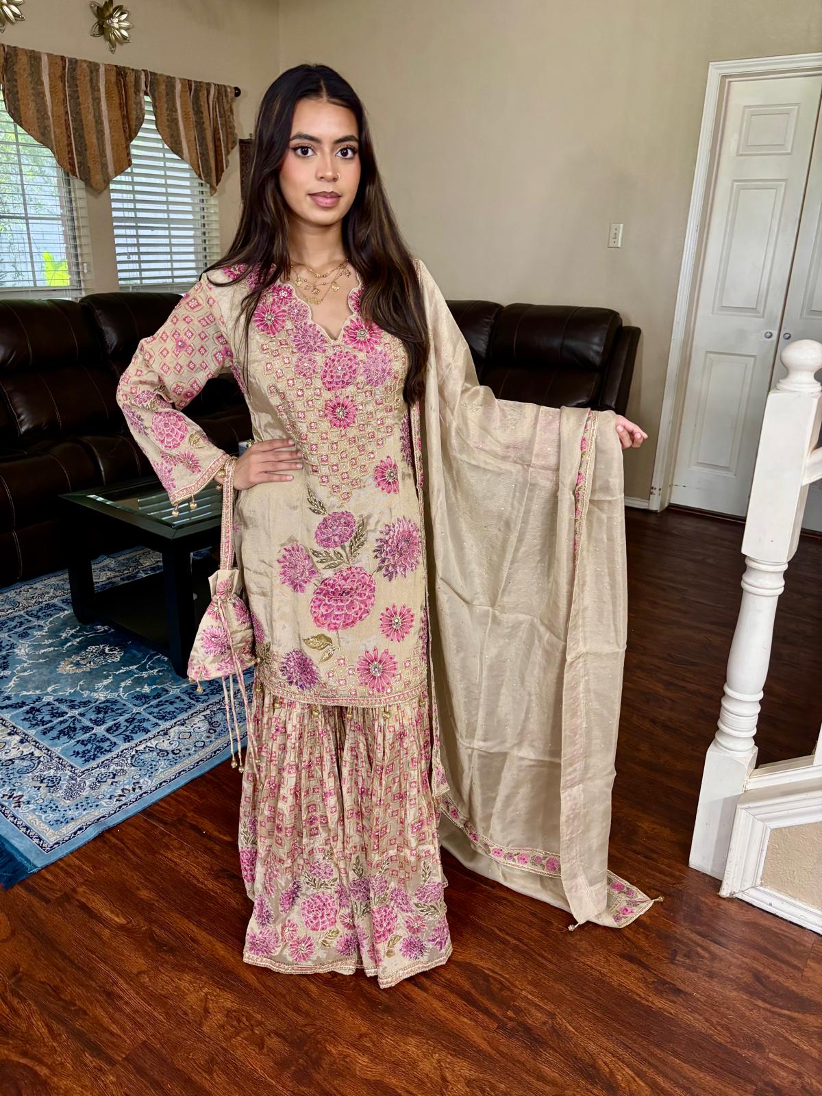 Beige Floral Print Gota Doria Sharara Set