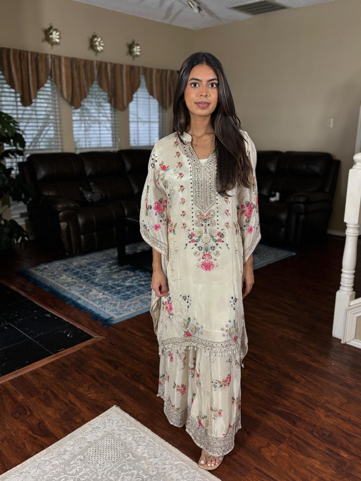 Ivory Floral Kaftan Sharara Set
