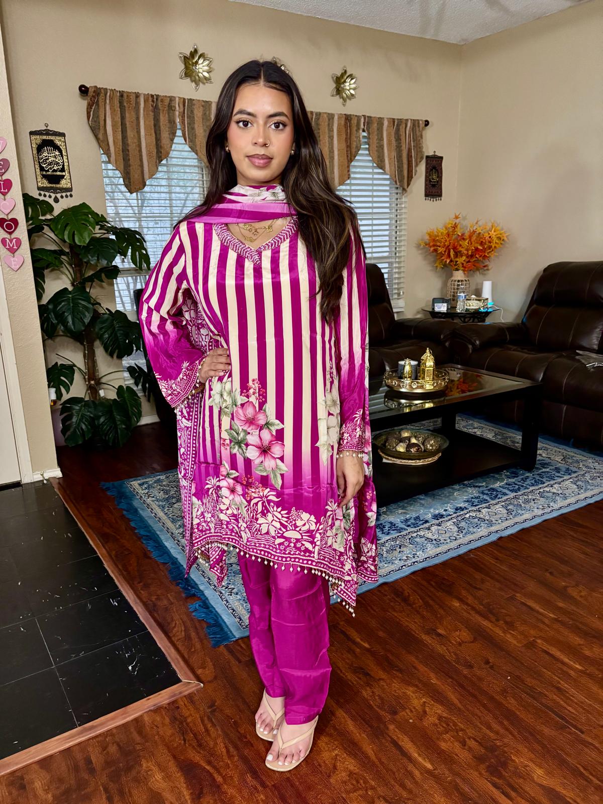 Magenta Striped Floral Print Suit