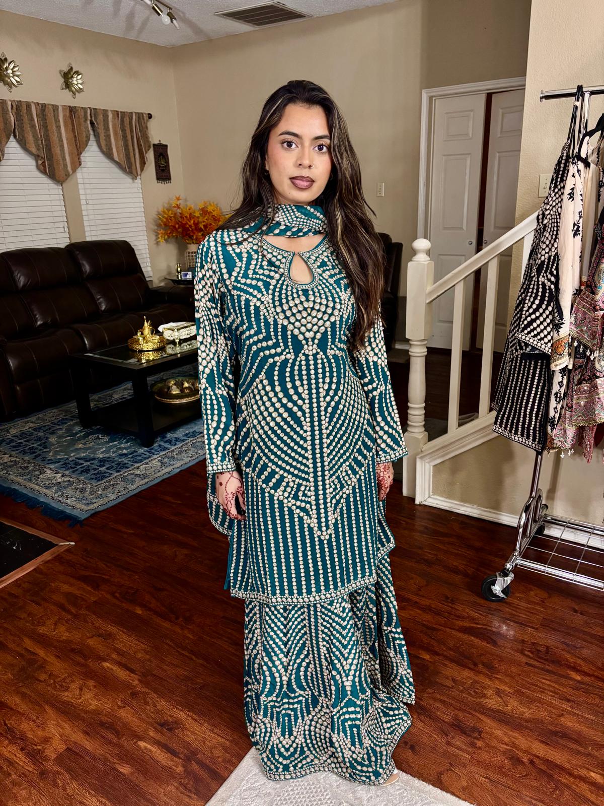 Teal & Ivory Embellished Sharara Set