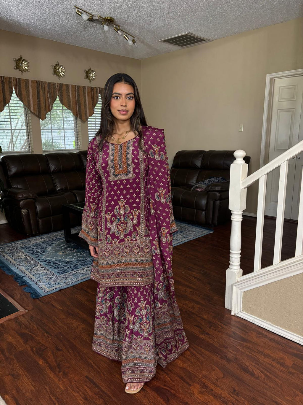 Magenta Digital Print Rhinestone Sharara Set