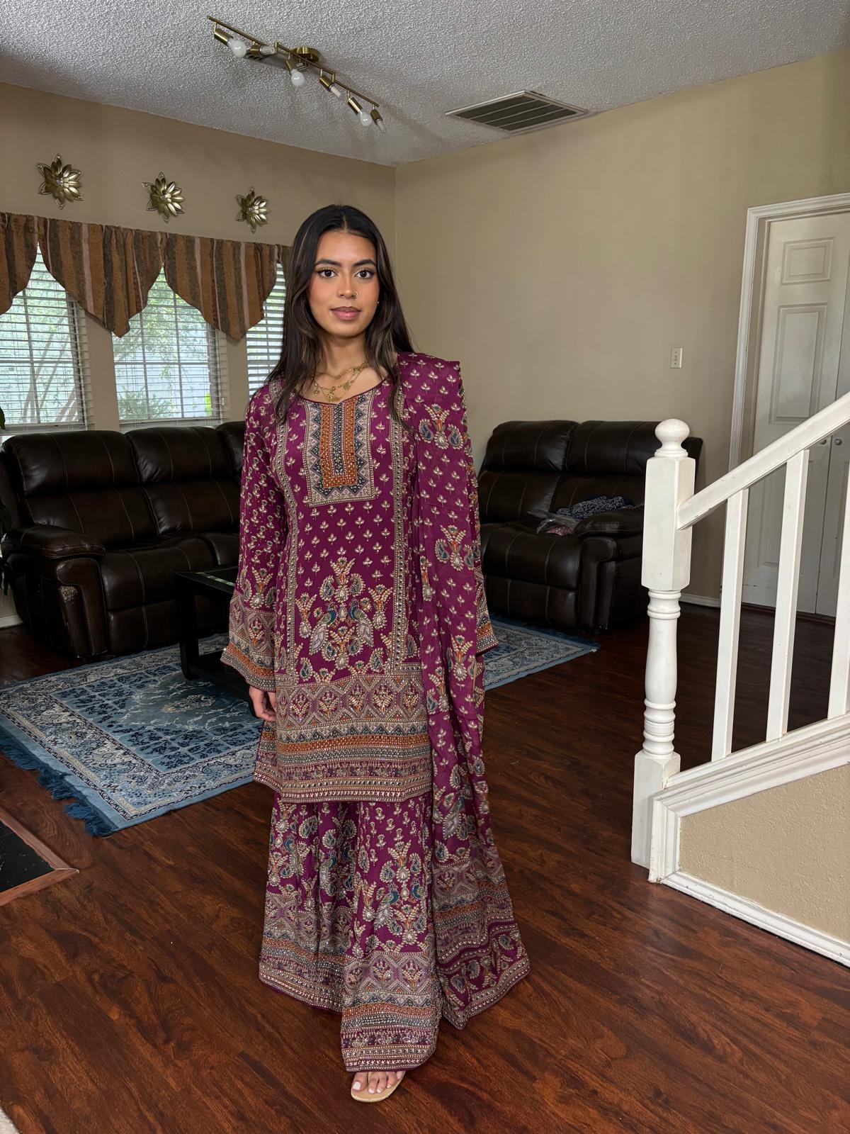 Magenta Digital Print Rhinestone Sharara Set