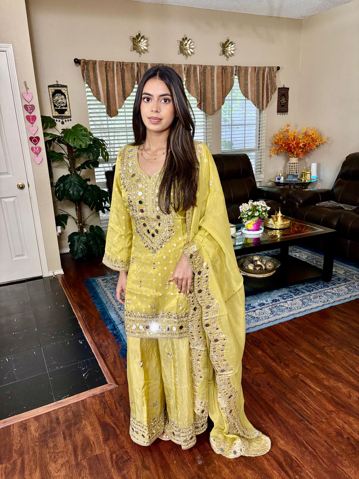 Chartreuse Mirror Embellished Sharara Set