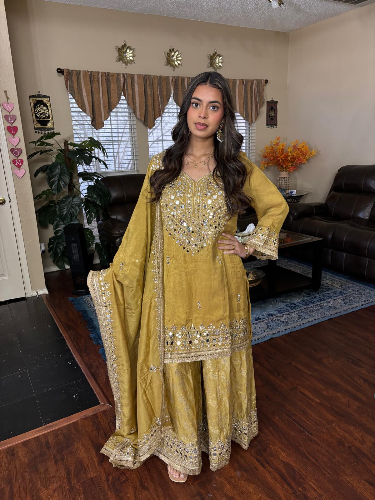 Olive Gold Mirror Embellished Sharara Set