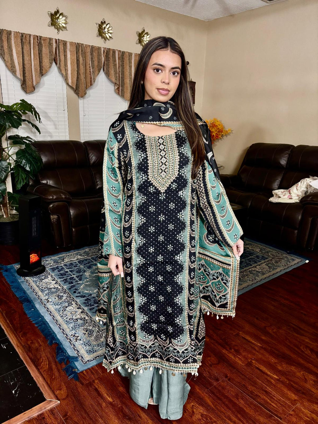 Black & Sage Ethnic Print A-Line Suit