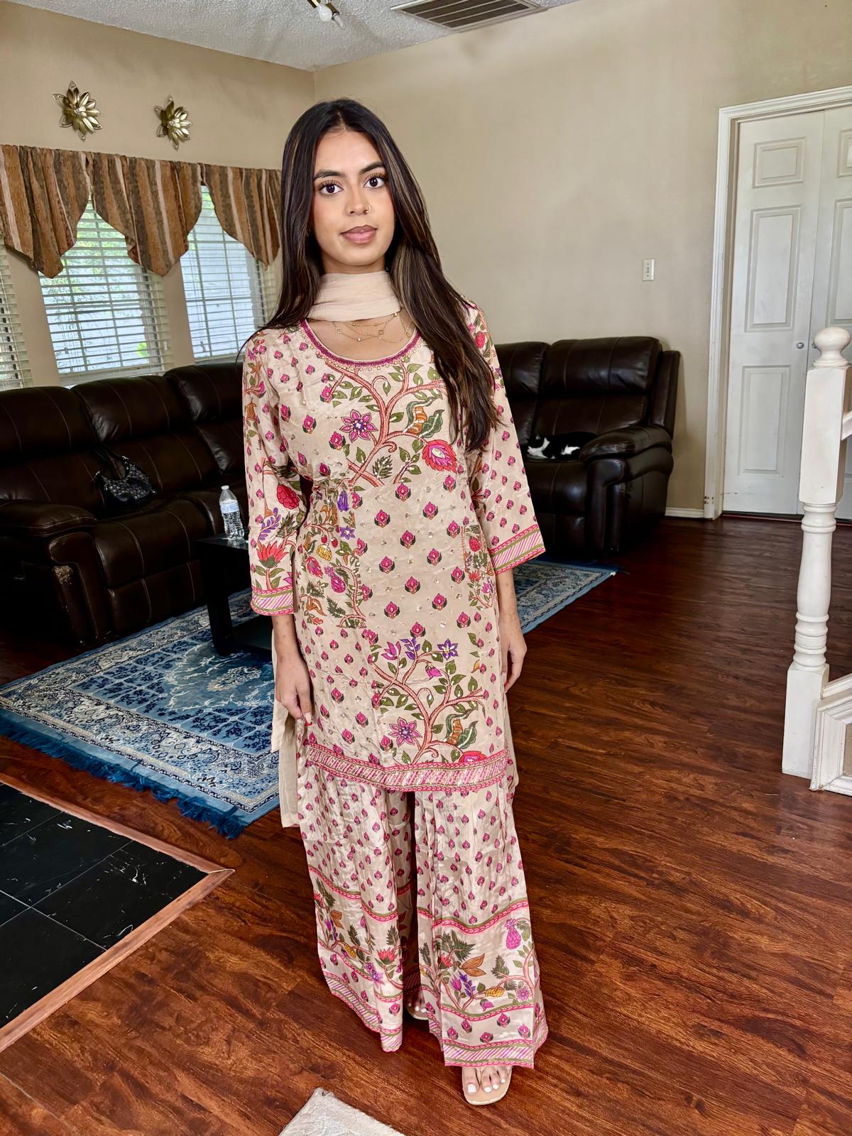 Beige Floral Print Cardana Sharara Suit