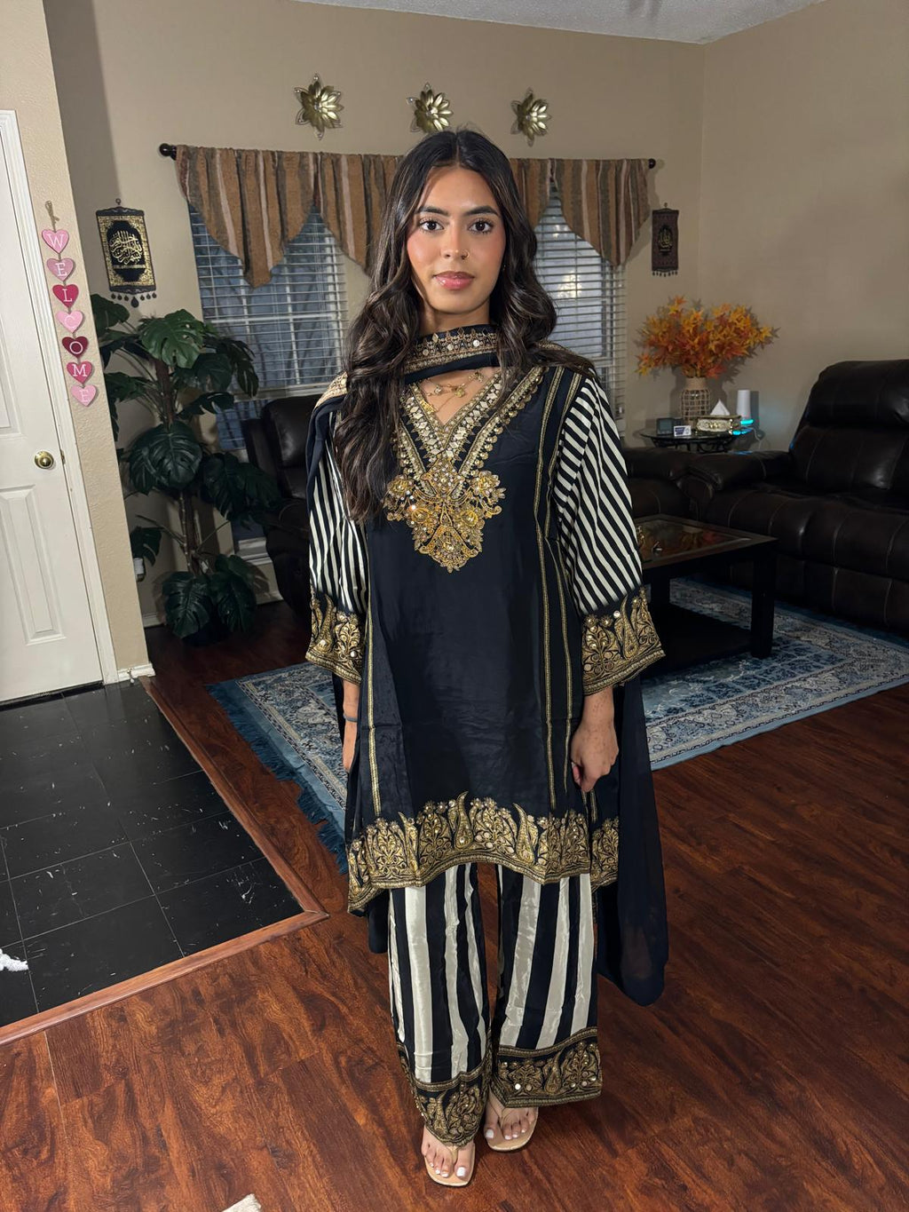 Black Striped Sequin Leather Work Suit