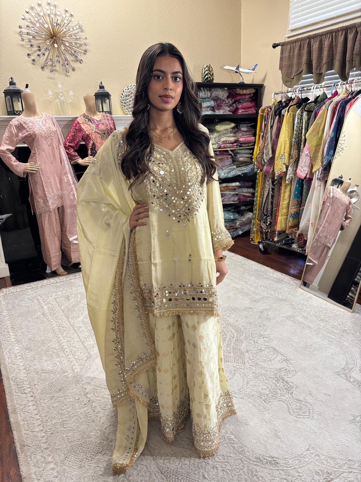 Pistachio Gold Mirror Embellished Sharara Set