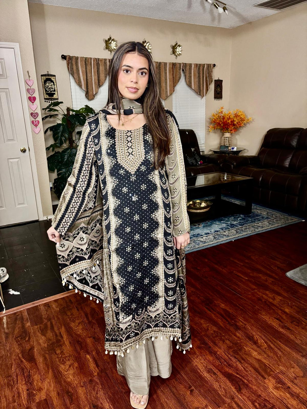 Black & Beige Ethnic Print A-Line Suit