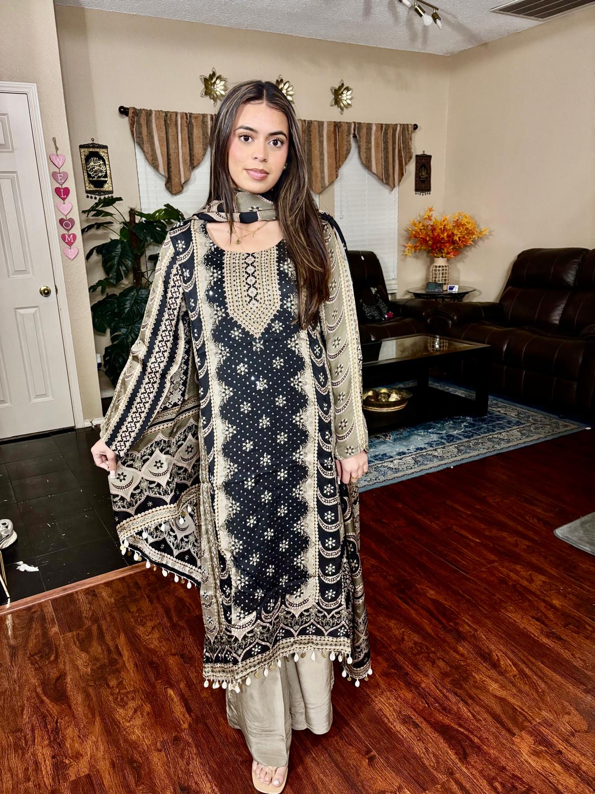 Black & Beige Ethnic Print A-Line Suit