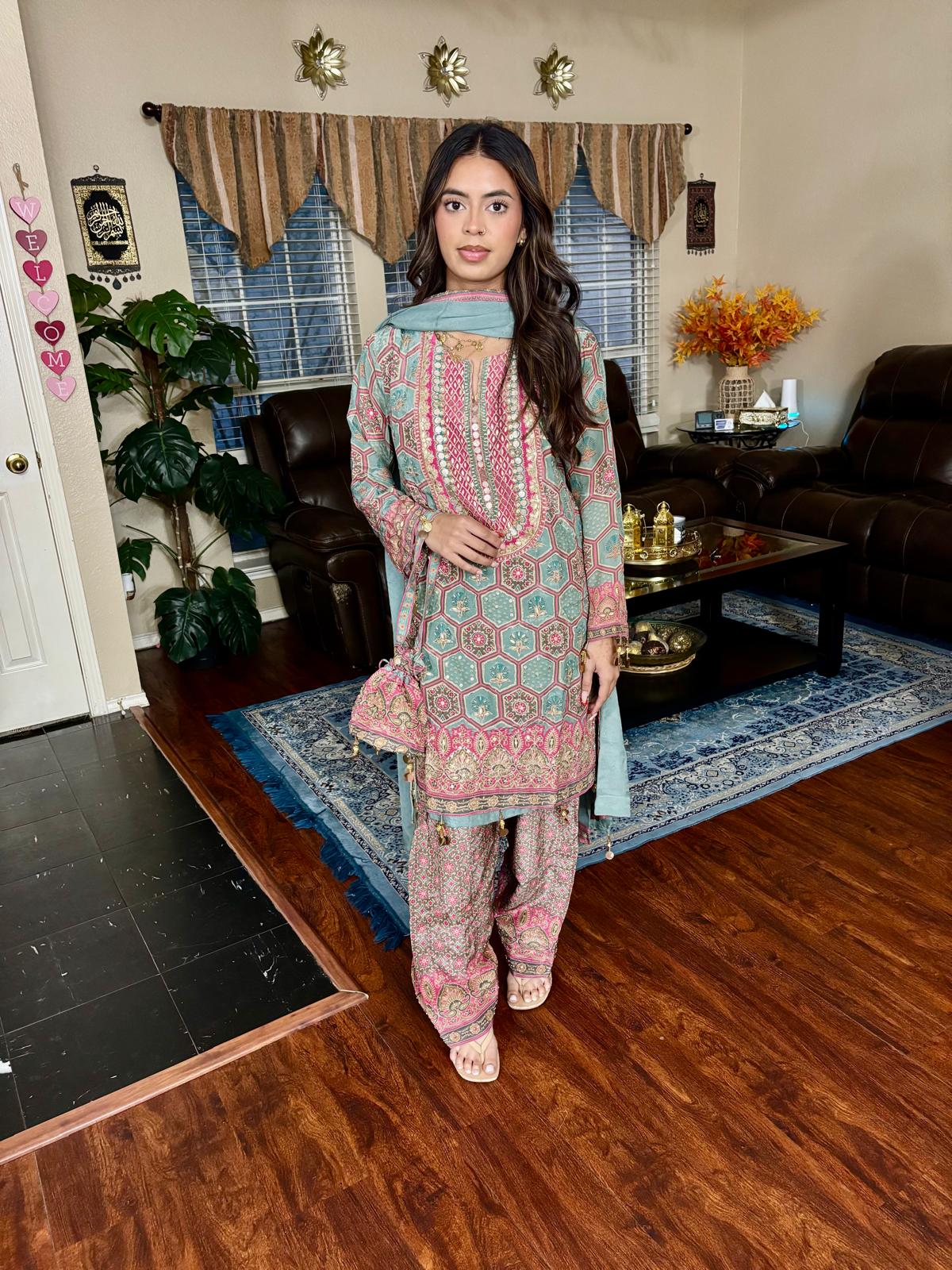 Sage & Pink Geometric Print Salwar Suit