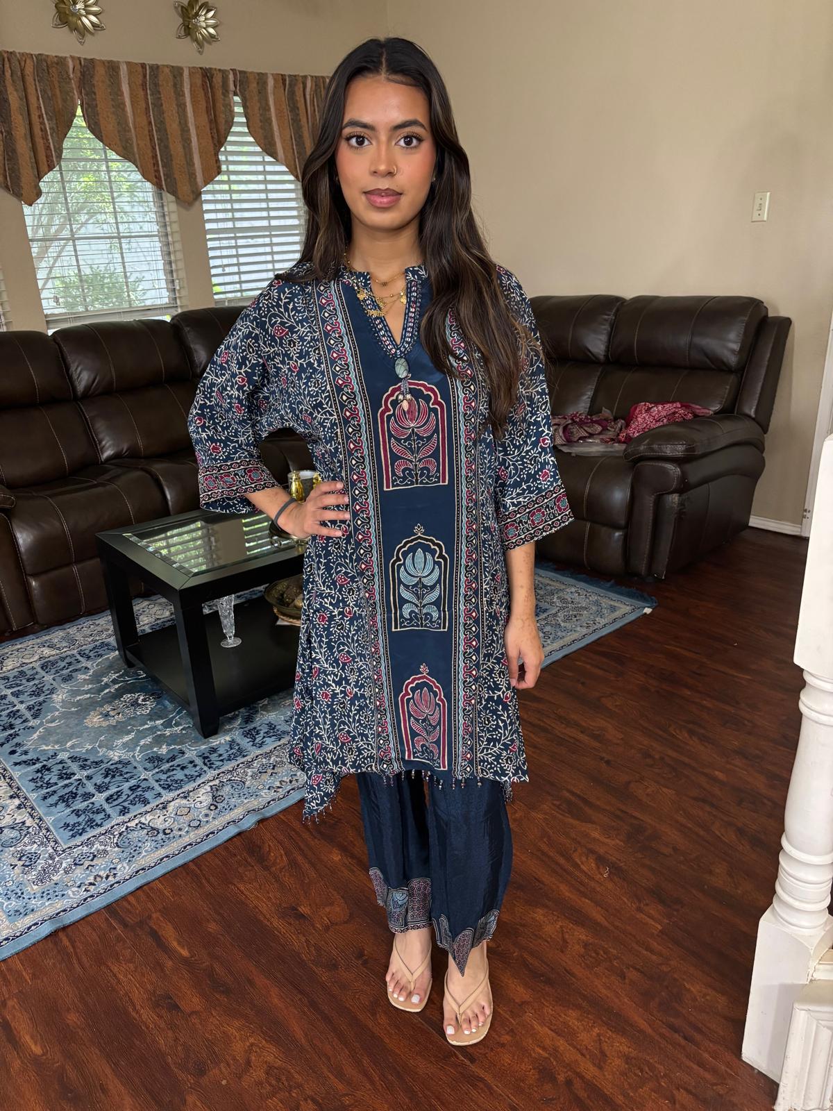 Navy Floral Print Straight Pant Co-Ord Set