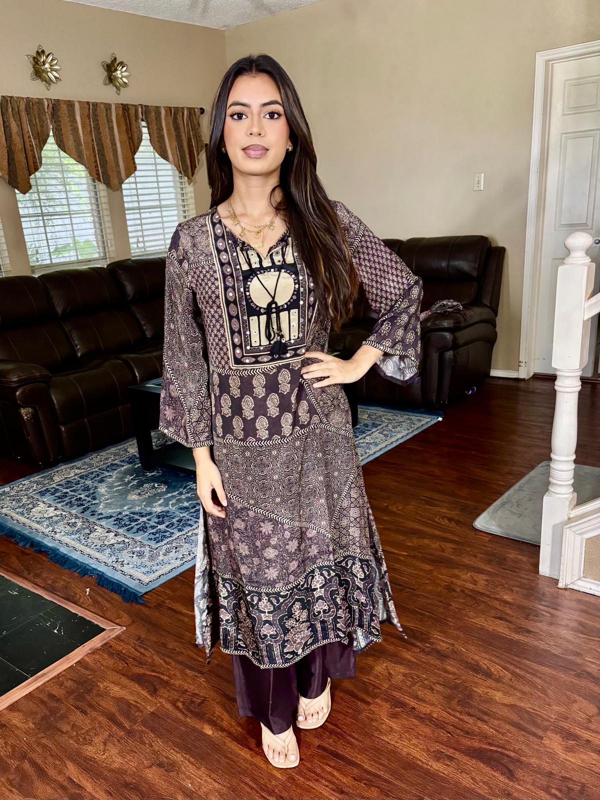 Ajrakh Multi Print Charcoal Grey and Beige A-Line Kurta Set
