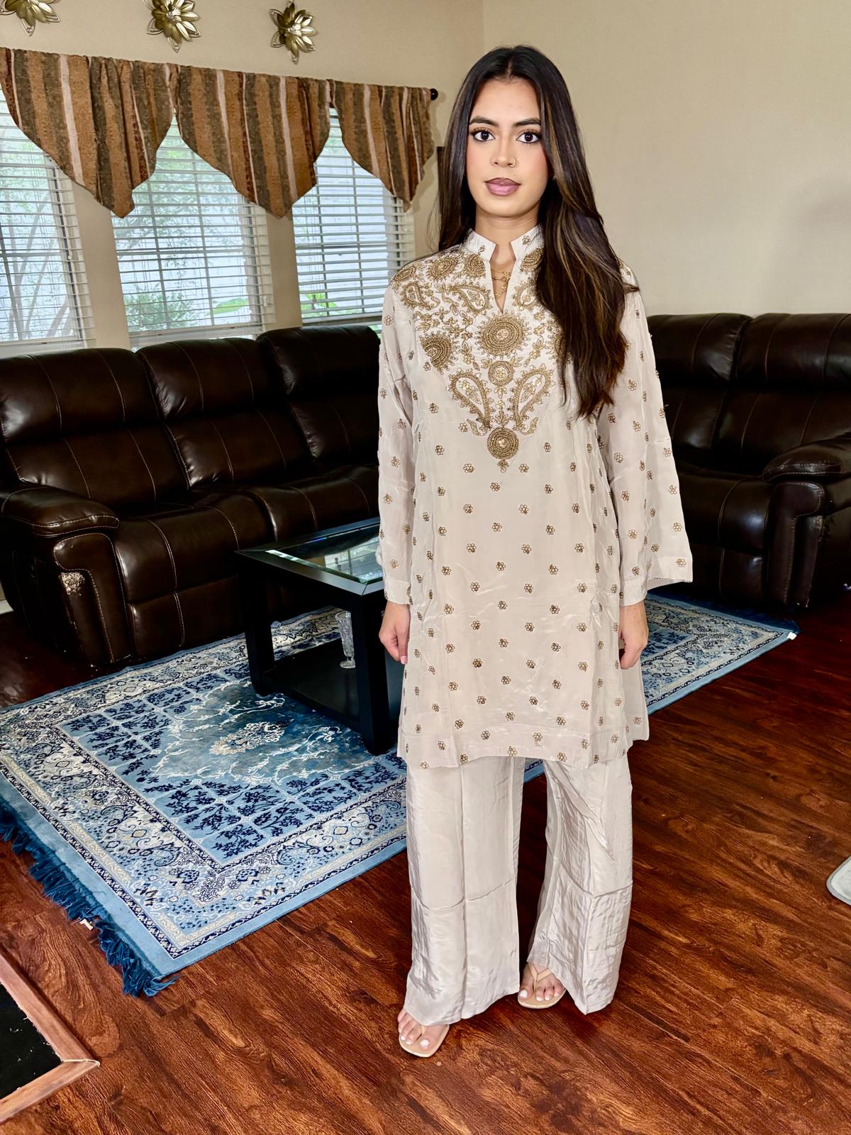 Ivory Sequin Embroidered Plazzo Suit