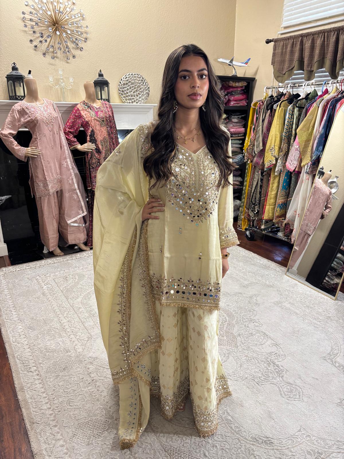 Pistachio Gold Mirror Embellished Sharara Set