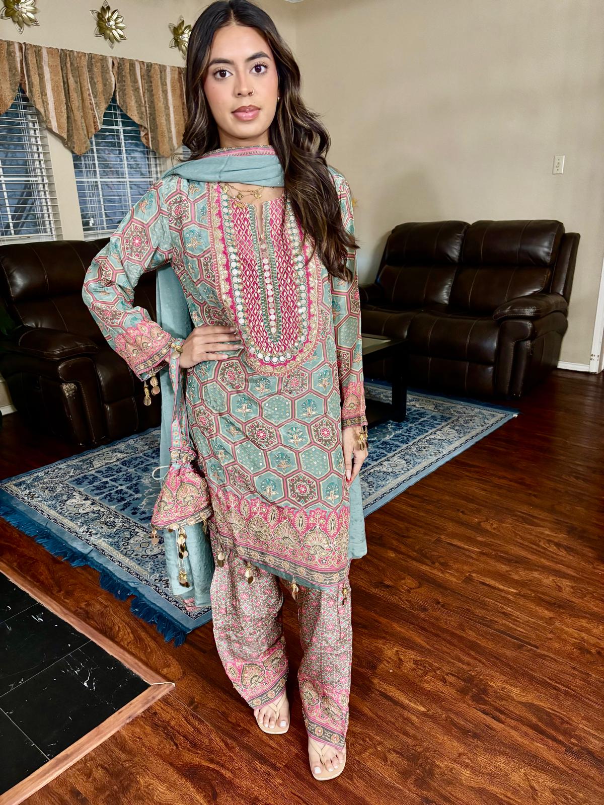 Sage & Pink Geometric Print Salwar Suit