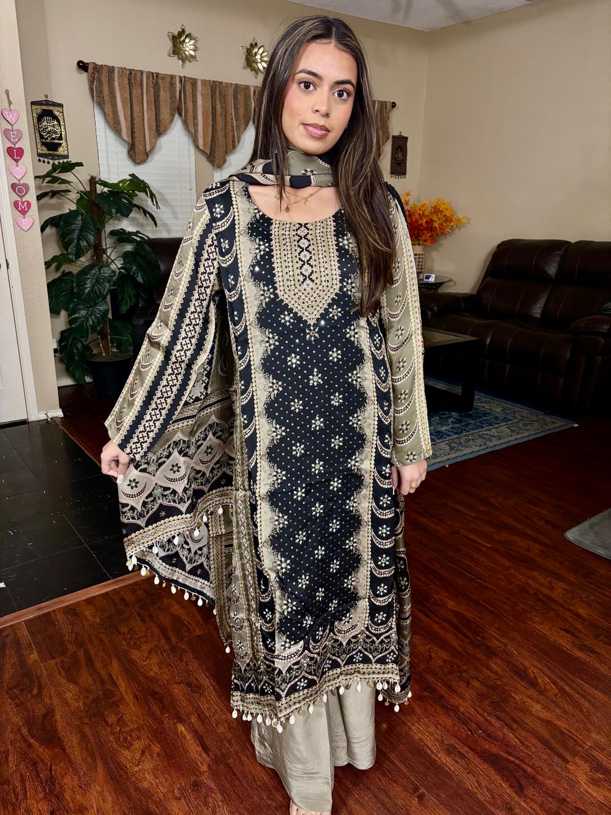 Black & Beige Ethnic Print A-Line Suit