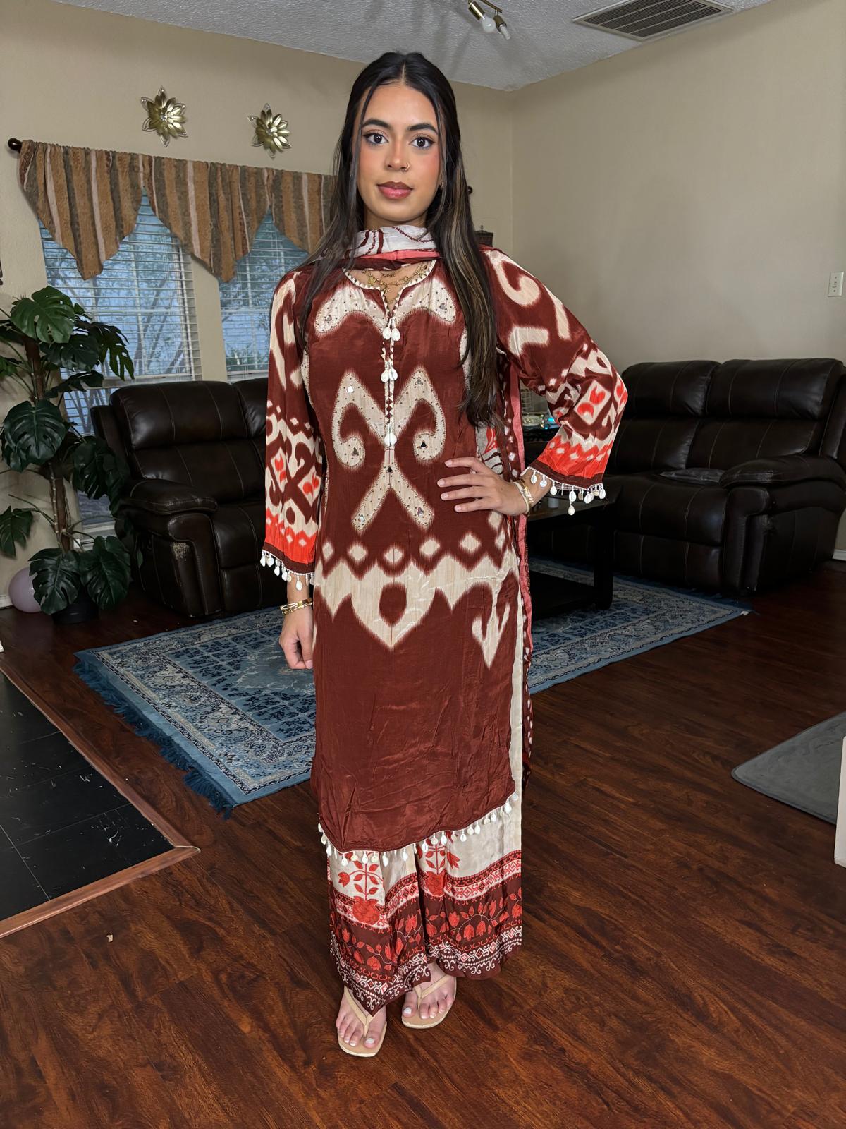 Rust Ikat Print Embroidered Plazzo Suit