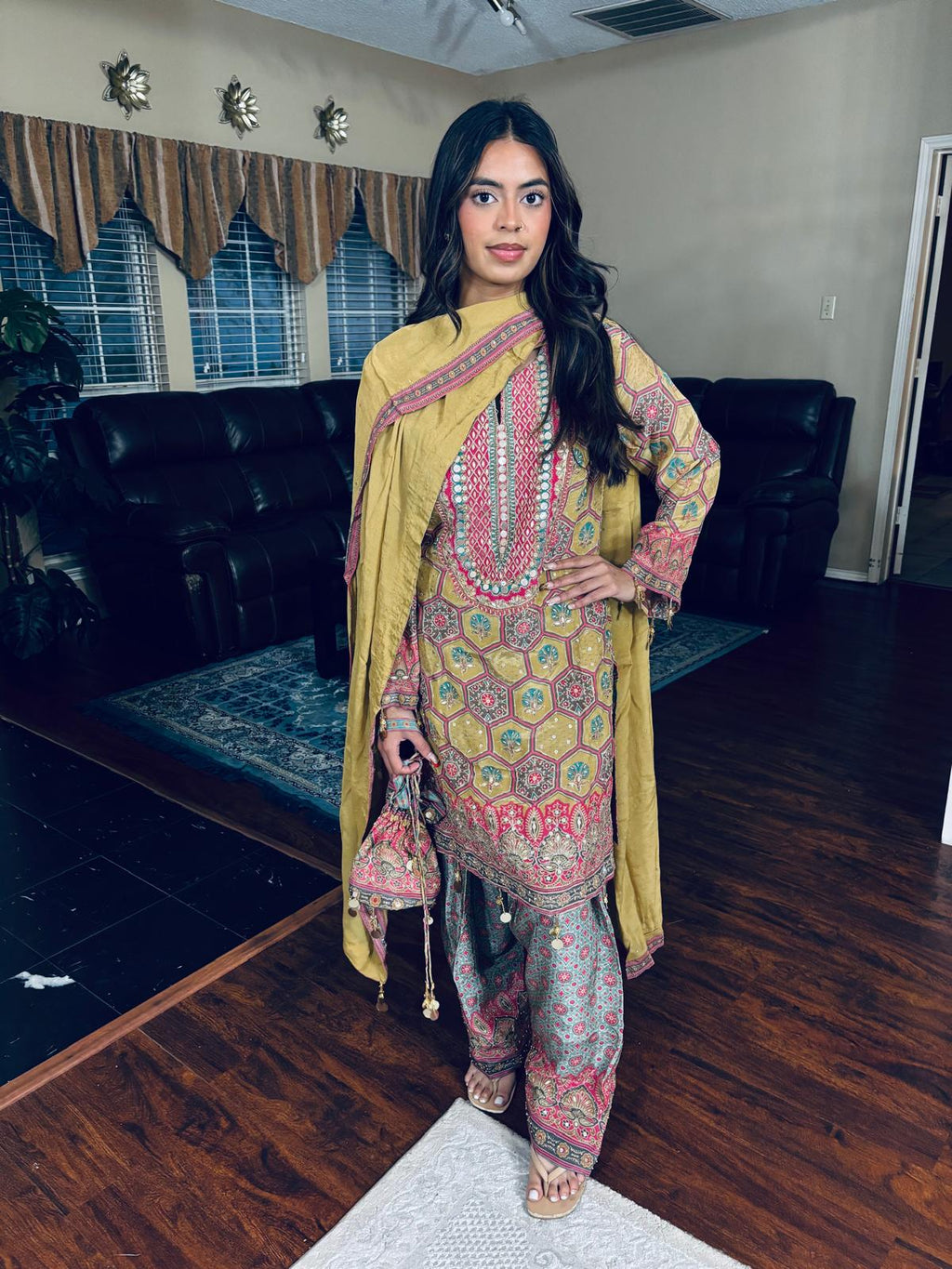 Mustard & Pink Geometric Print Salwar Suit