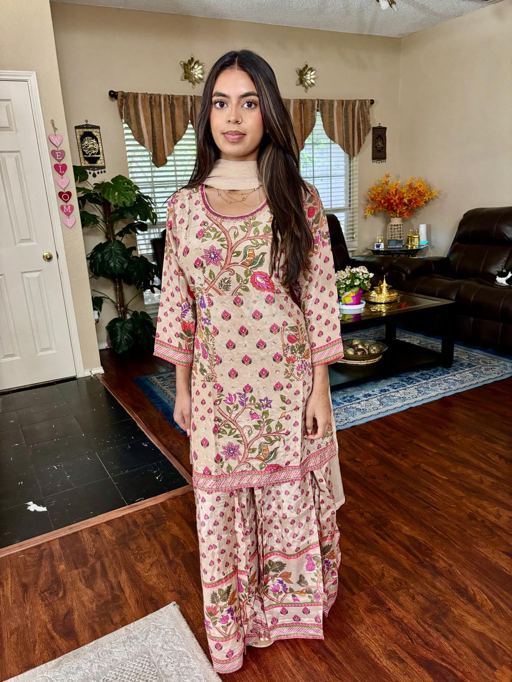 Beige Floral Print Cardana Sharara Suit