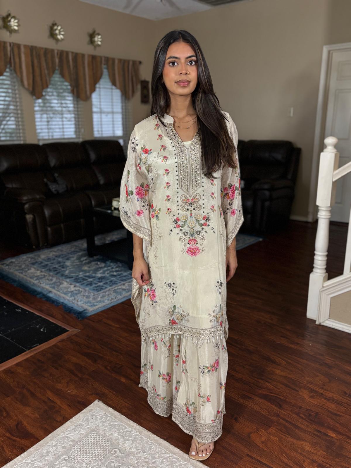 Ivory Floral Kaftan Sharara Set